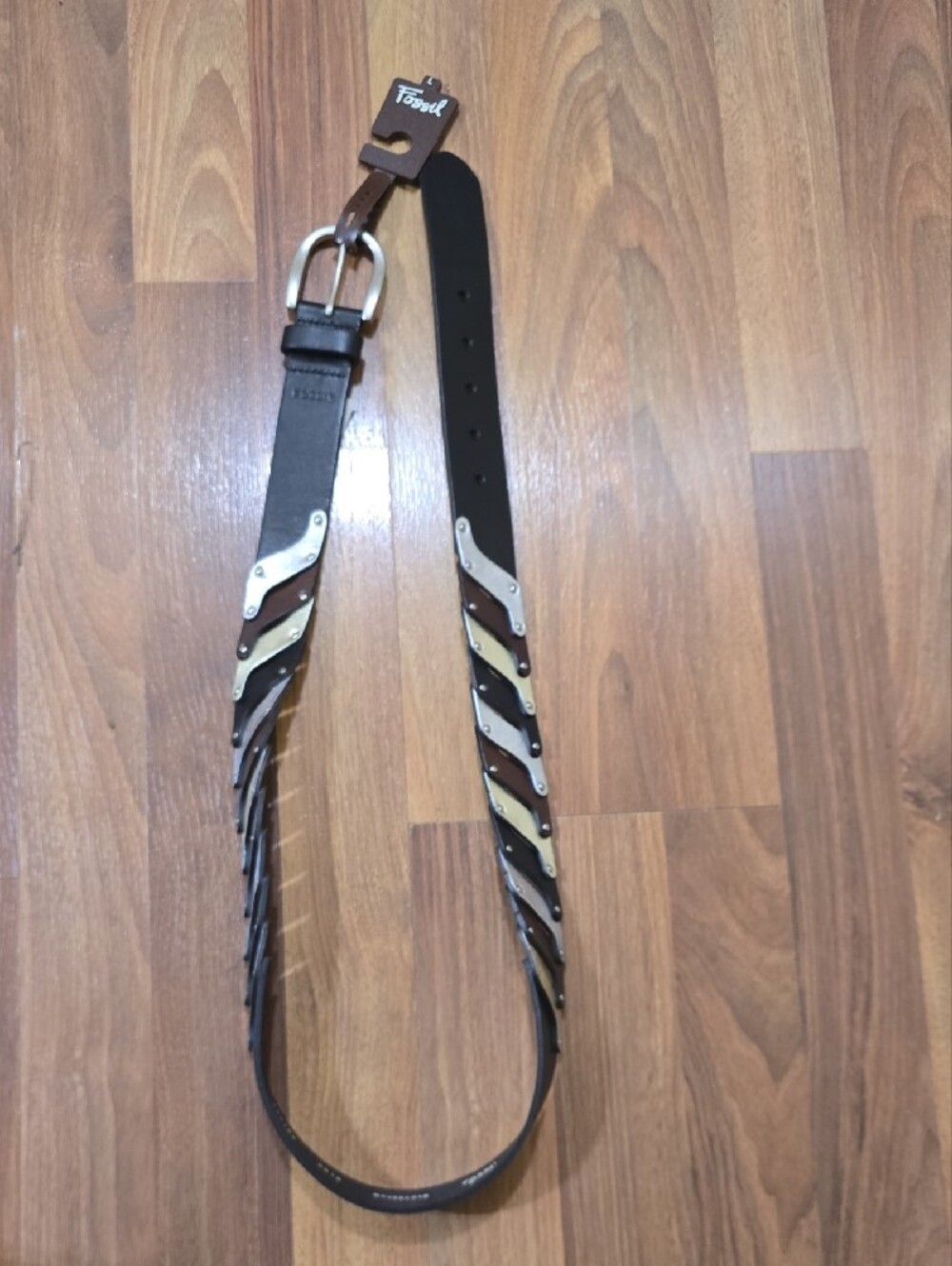 NWT Fossil Black Belt with Silver Chain Detail Size Large
